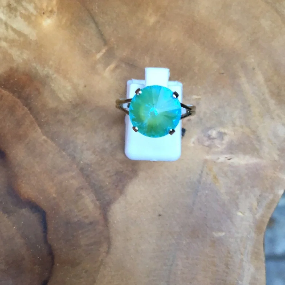 Aquamarine Aurora Borealis + Silver Rivoli Crystal Ring
